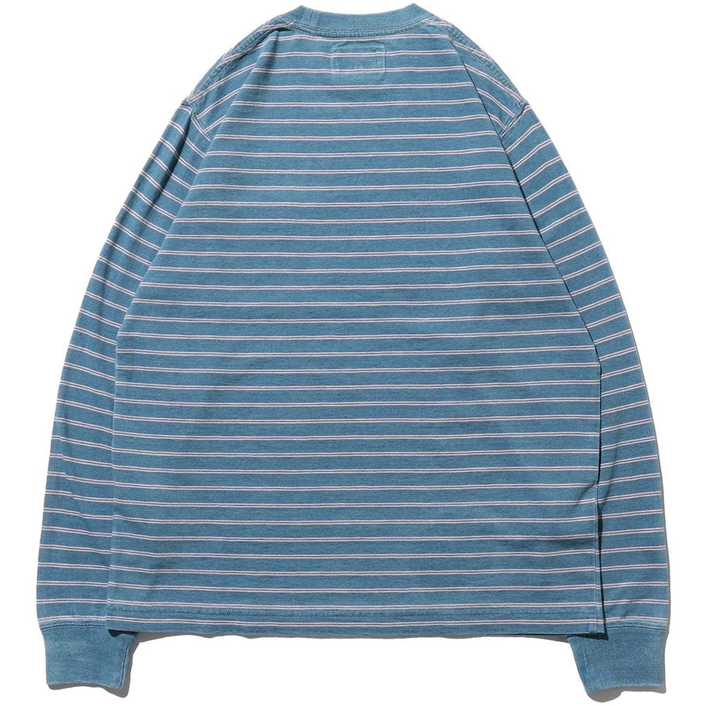 Indigo Horizontal Stripe Long Sleeve Pocket T-Shirt 'Bleach'